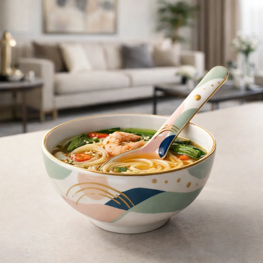 Modern Ceramic Spoon with Gold Rim, Abstract Color Pattern