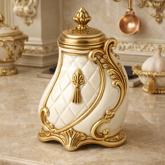 French Vintage Quilted Ceramic Sugar Shaker Jar with Gold Lid & Ornate Base